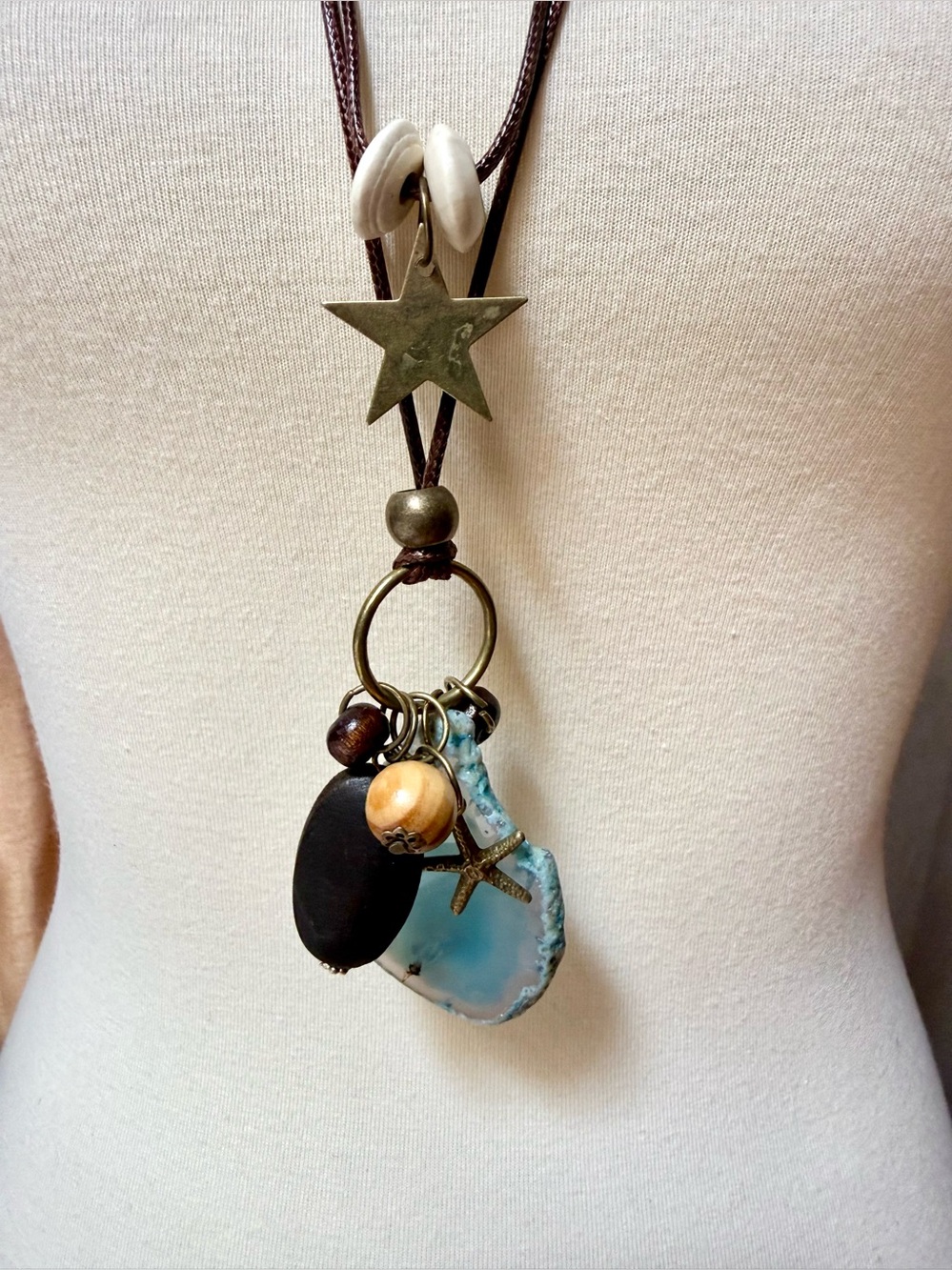 One of Kind Boho Layered Pendant Necklace with Natural Sliced Crystal Charm